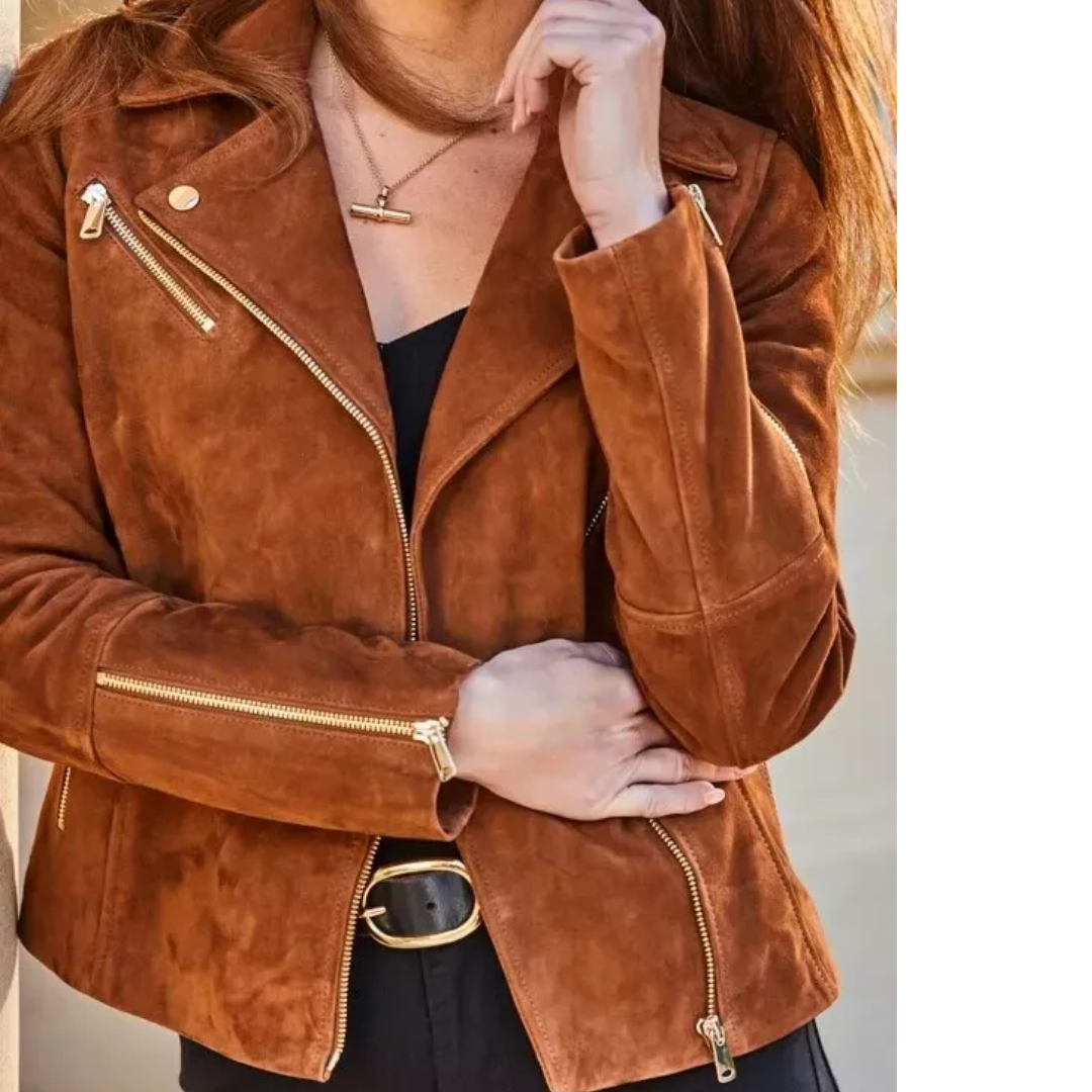 Women’s Brown Suede Leather Motorcycle Jacket – Slim Fit Vintage Style