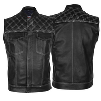 Men’s Denim & Leather Motorcycle Vest with Conceal Carry Pockets and White Stitching