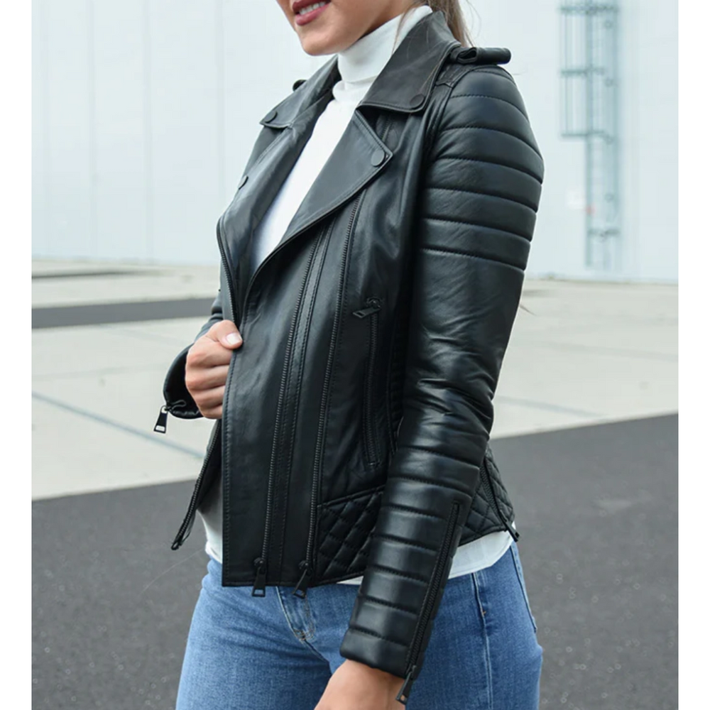 Women’s Midnight Black Quilted Biker Leather Jacket – Sleek & Stylish Ride