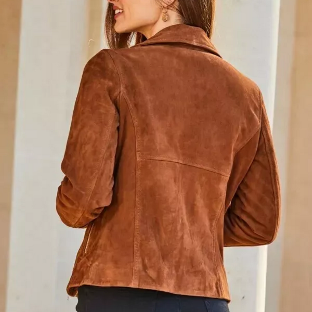 Women’s Brown Suede Leather Motorcycle Jacket – Slim Fit Vintage Style