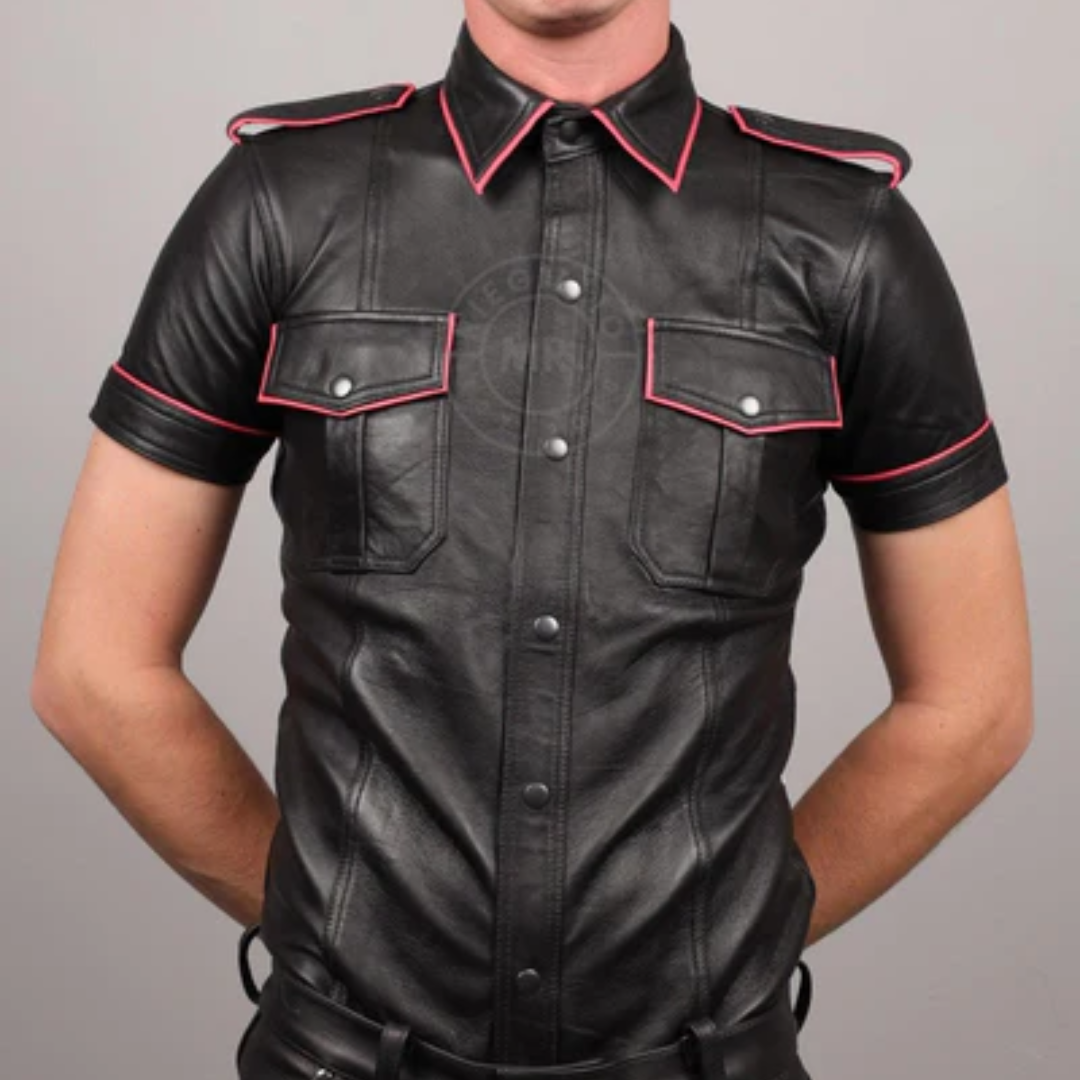 Black Leather Shirt with Pink Piping