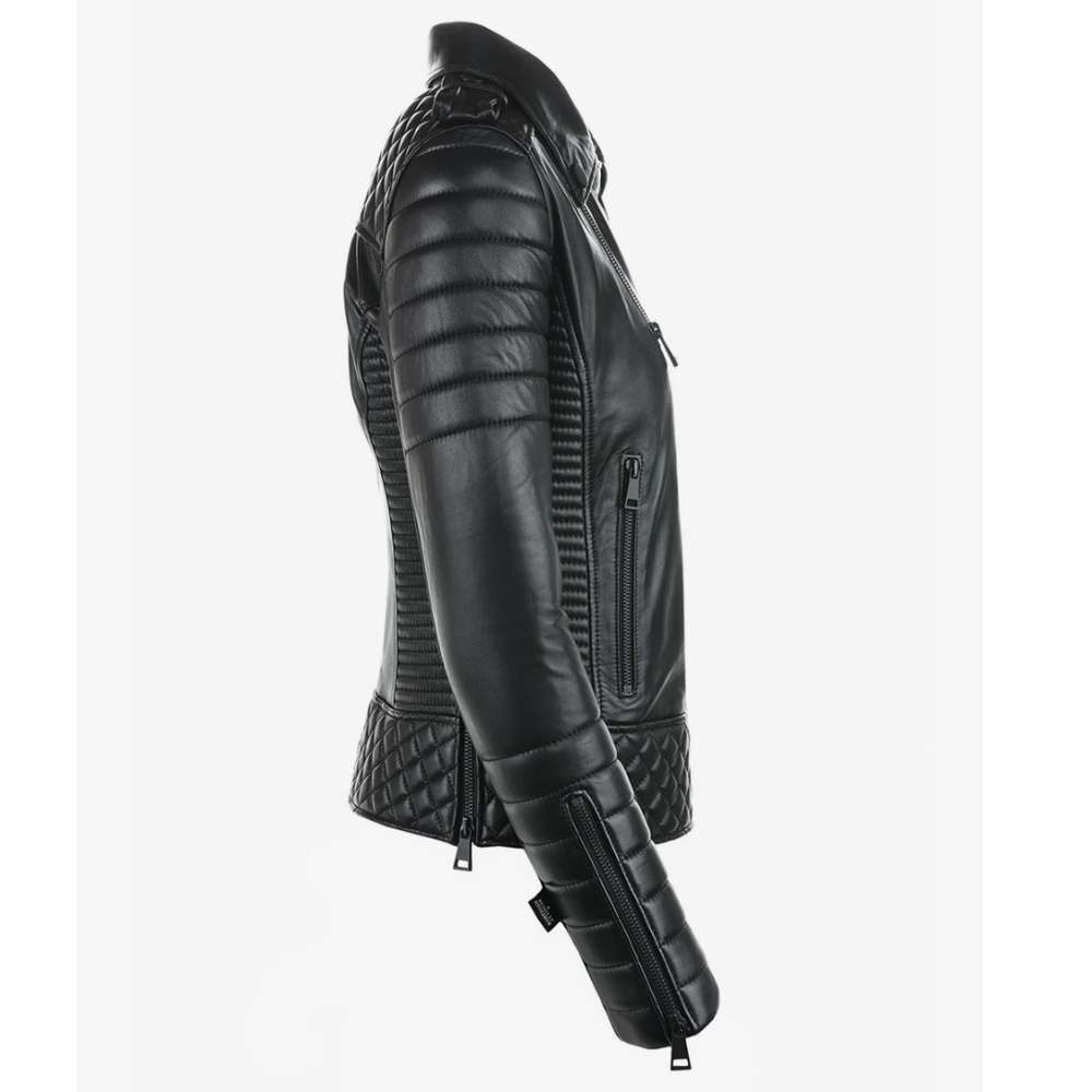 Women’s Midnight Black Quilted Biker Leather Jacket – Sleek & Stylish Ride