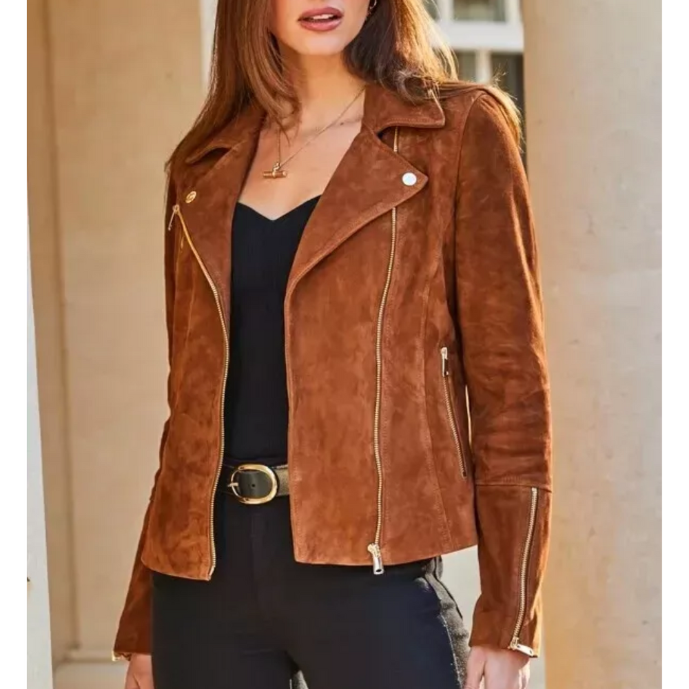 Women’s Brown Suede Leather Motorcycle Jacket – Slim Fit Vintage Style