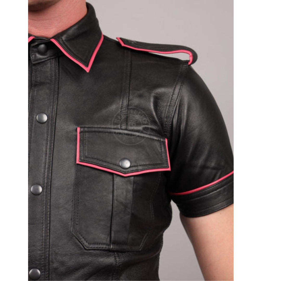 Black Leather Shirt with Pink Piping