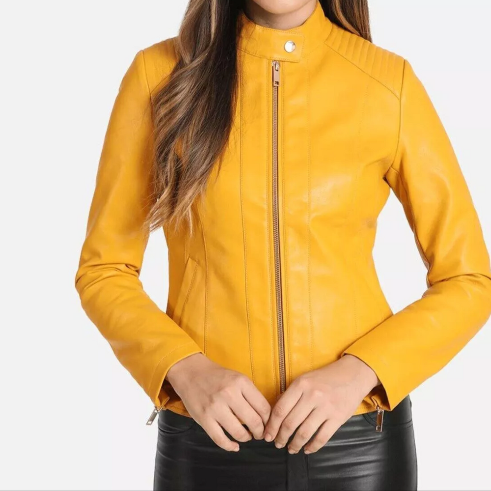 Women’s Genuine Lambskin Yellow Leather Biker Jacket – Slim Fit Motorcycle Style