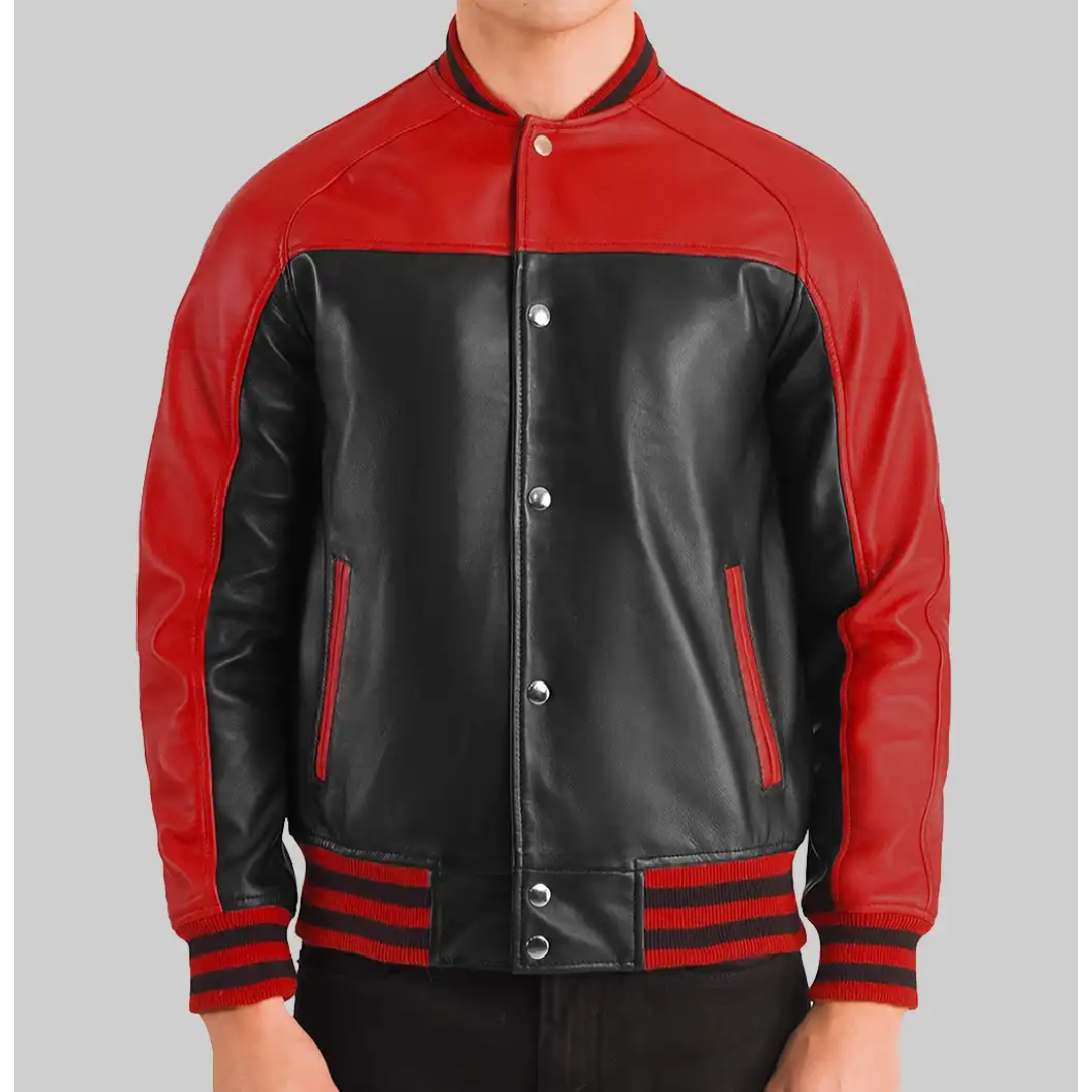Holt Men’s Black & Red Leather Varsity Jacket – Classic Two-Tone Style & Comfort