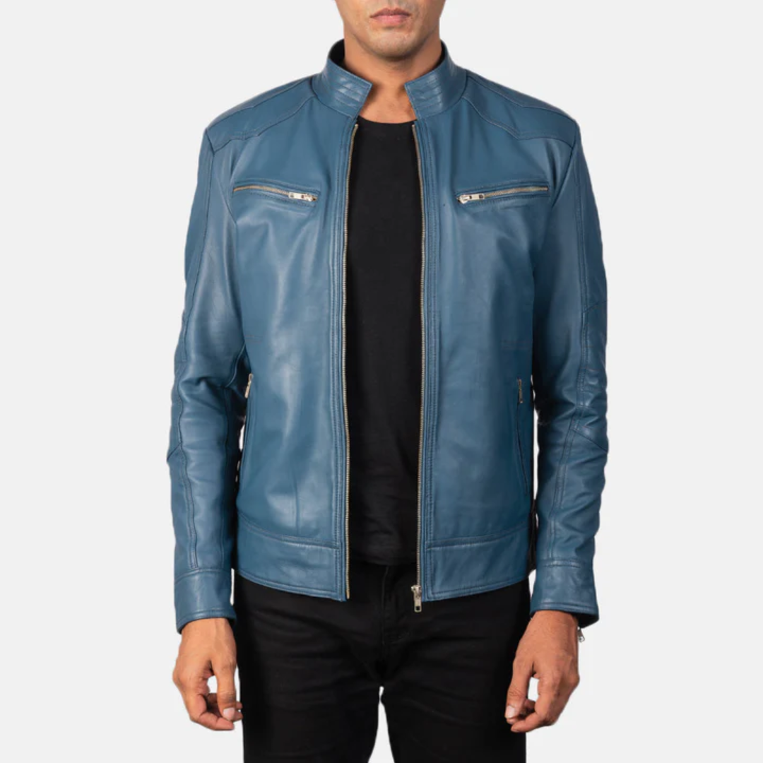 Men’s Blue Biker Leather Jacket – Stylish, Durable & Road-Read