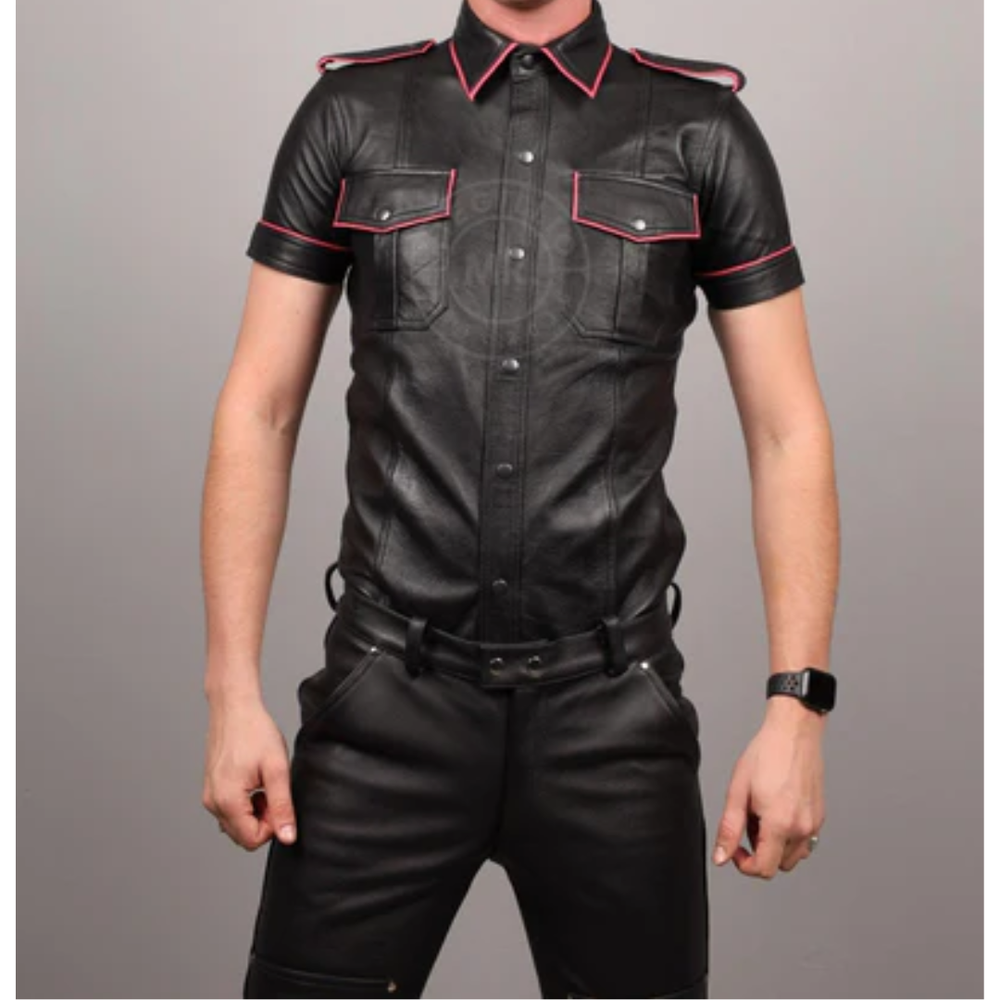 Black Leather Shirt with Pink Piping