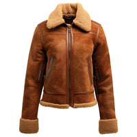 Womens Sapphire Brown Aviator Faux Fur Lined Collar & Cuff Suede Leather Jacket