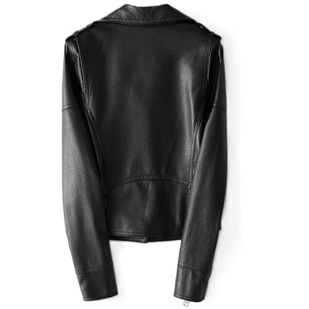 Women's Ember Classic Belted Black Biker Genuine Lambskin Leather Jacket
