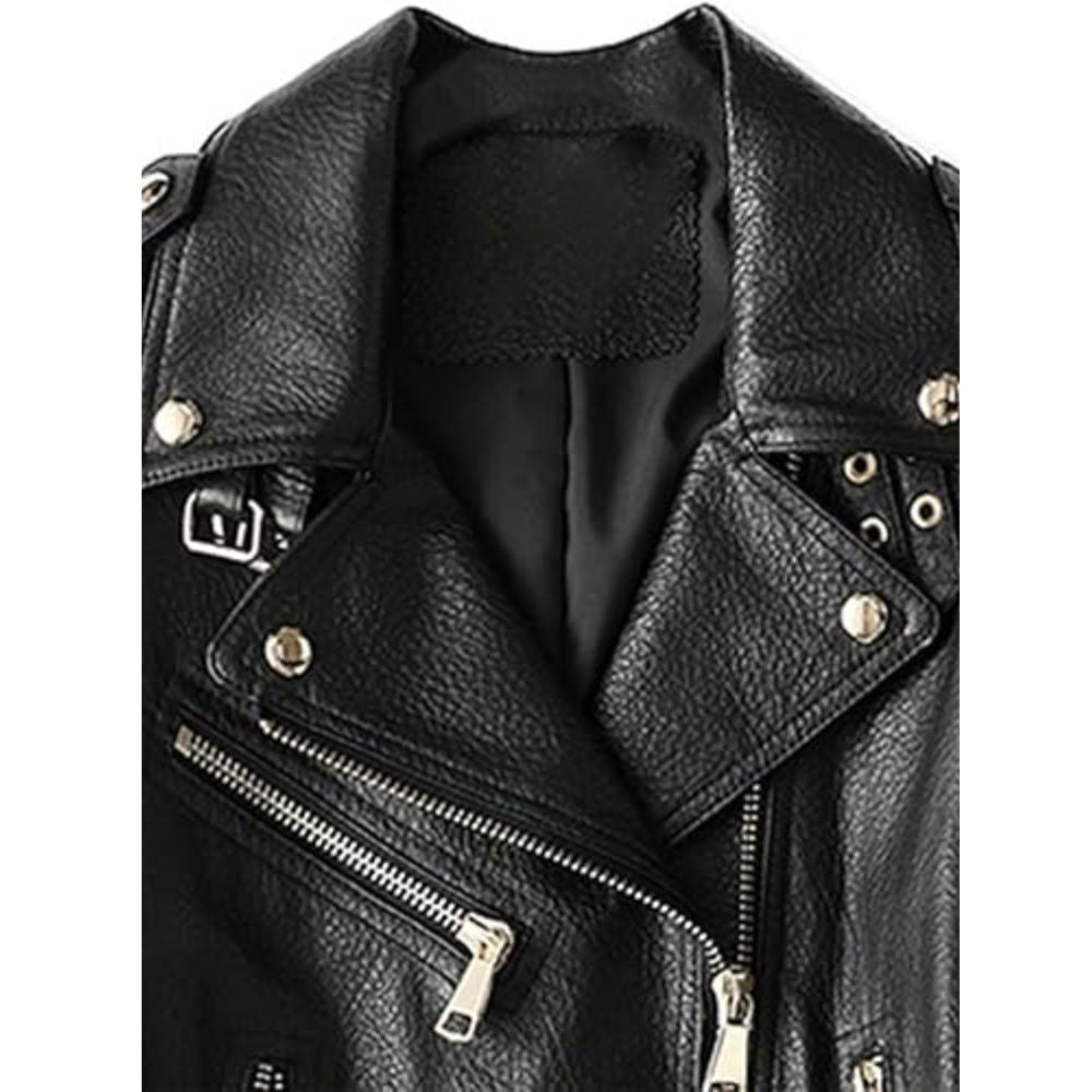 Women's Ember Classic Belted Black Biker Genuine Lambskin Leather Jacket