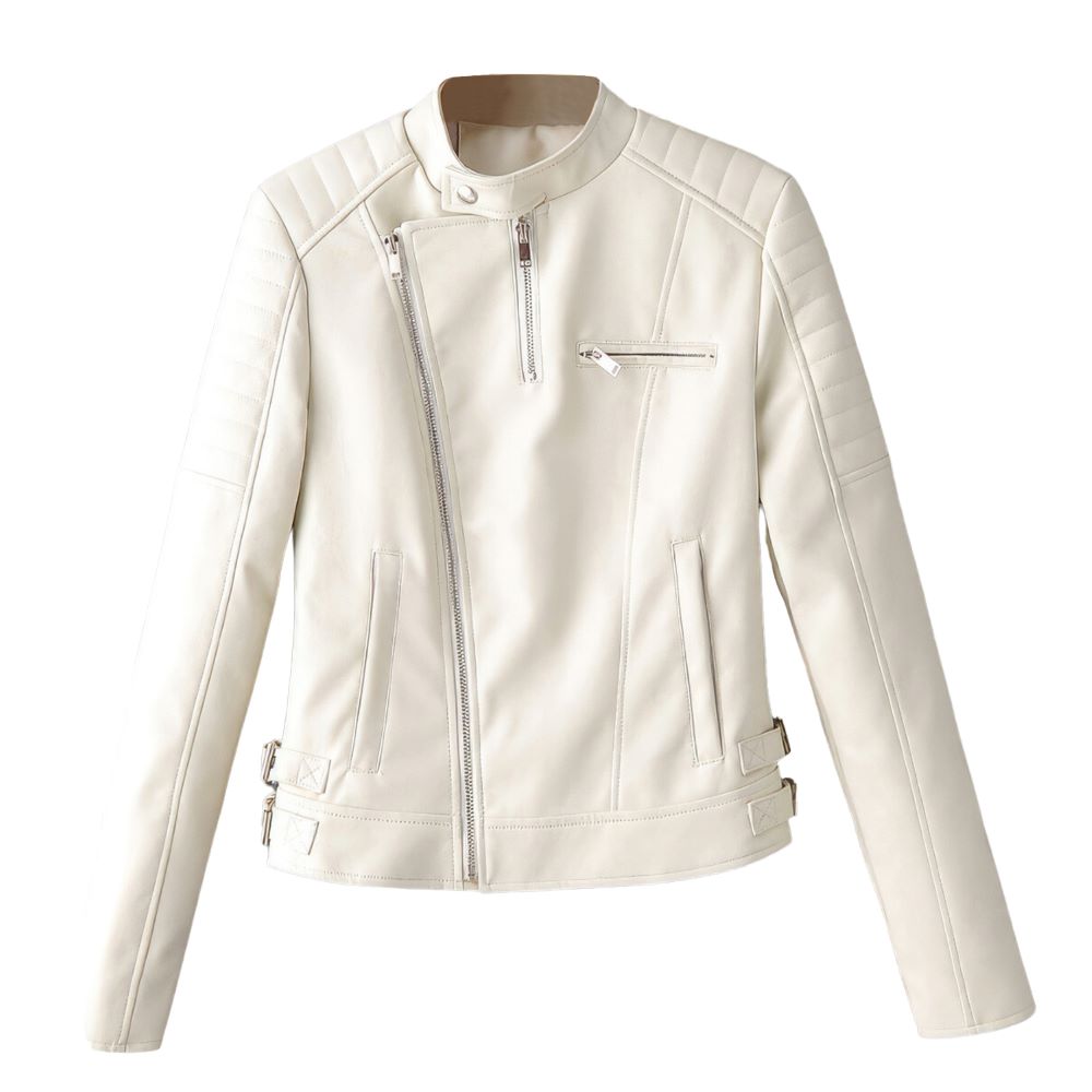 Women’s Aura White Stylish Slim-Fit Biker Genuine Sheepskin Leather Jacket
