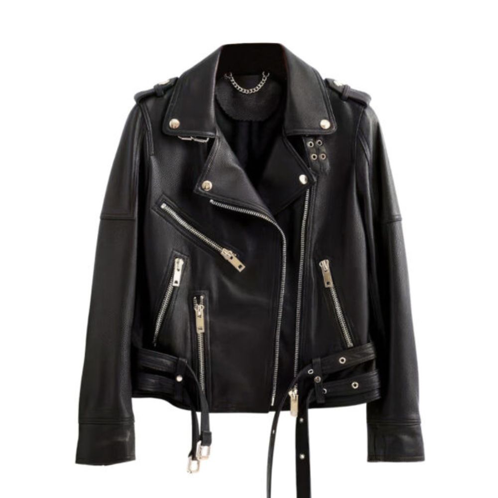 Women's Ember Classic Belted Black Biker Genuine Lambskin Leather Jacket