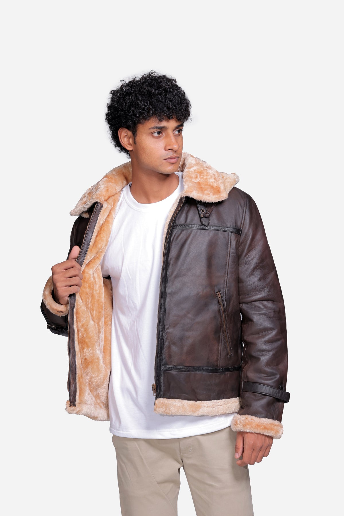 Delaney Brown B-3 Shearling Leather Bomber Jacket