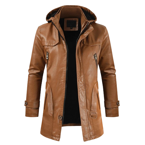 Mens Zane Front Button and Zippered Hooded Leather Coat