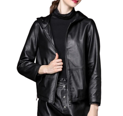 Womens Harper Genuine Black Leather Hooded Bomber Jacket