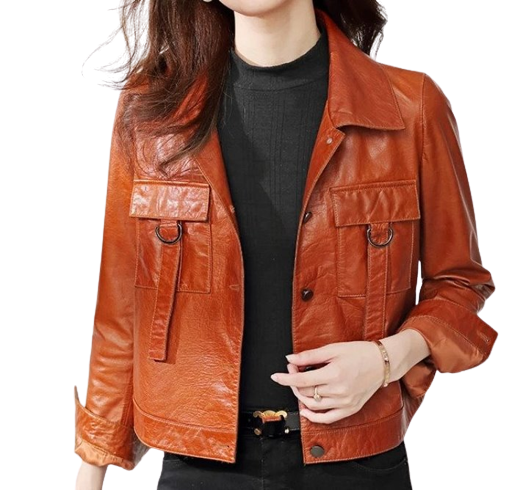 Womens Hazel Front Pocket Tan Genuine Lambskin Leather Jacket