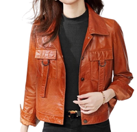 Womens Hazel Front Pocket Tan Genuine Lambskin Leather Jacket