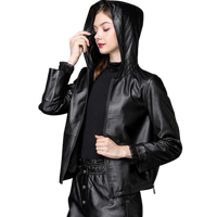 Womens Harper Genuine Black Leather Hooded Bomber Jacket