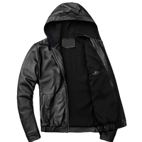 Mens Trendy Genuine Black Leather Hooded Bomber Jacket