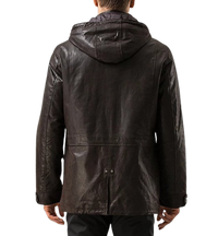 Mens Jax Front Button Choco Brown Hooded Leather Coat