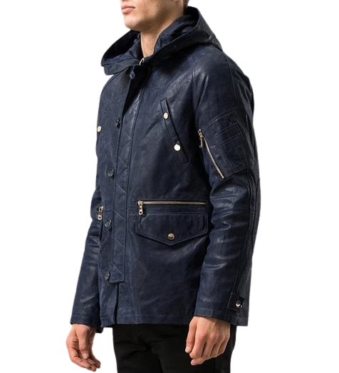 Mens Titan Front Button Navy Blue Hooded Leather Coat