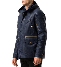 Mens Titan Front Button Navy Blue Hooded Leather Coat