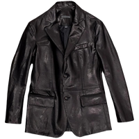 Mens Henley Front Button Black Leather Blazer