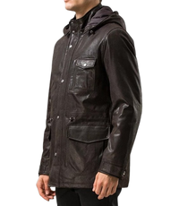 Mens Jax Front Button Choco Brown Hooded Leather Coat