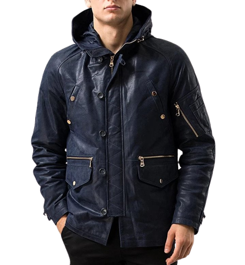 Mens Titan Front Button Navy Blue Hooded Leather Coat