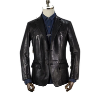 Mens Henley Front Button Black Leather Blazer