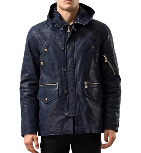 Mens Titan Front Button Navy Blue Hooded Leather Coat
