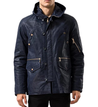 Mens Titan Front Button Navy Blue Hooded Leather Coat