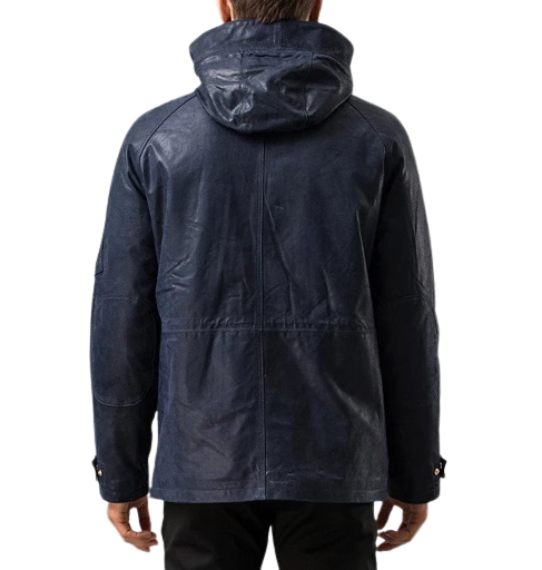 Mens Titan Front Button Navy Blue Hooded Leather Coat
