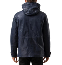 Mens Titan Front Button Navy Blue Hooded Leather Coat