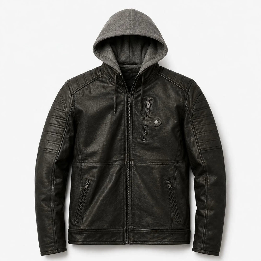 Men's Black Leather-Look Hooded Jacket – Biker Style