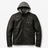 Men's Black Leather-Look Hooded Jacket – Biker Style