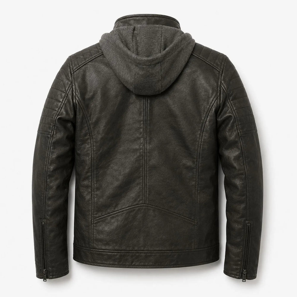 Men's Black Leather-Look Hooded Jacket – Biker Style