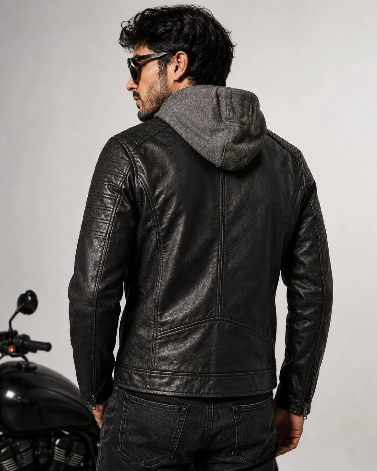 Men's Black Leather-Look Hooded Jacket – Biker Style