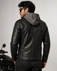 Men's Black Leather-Look Hooded Jacket – Biker Style