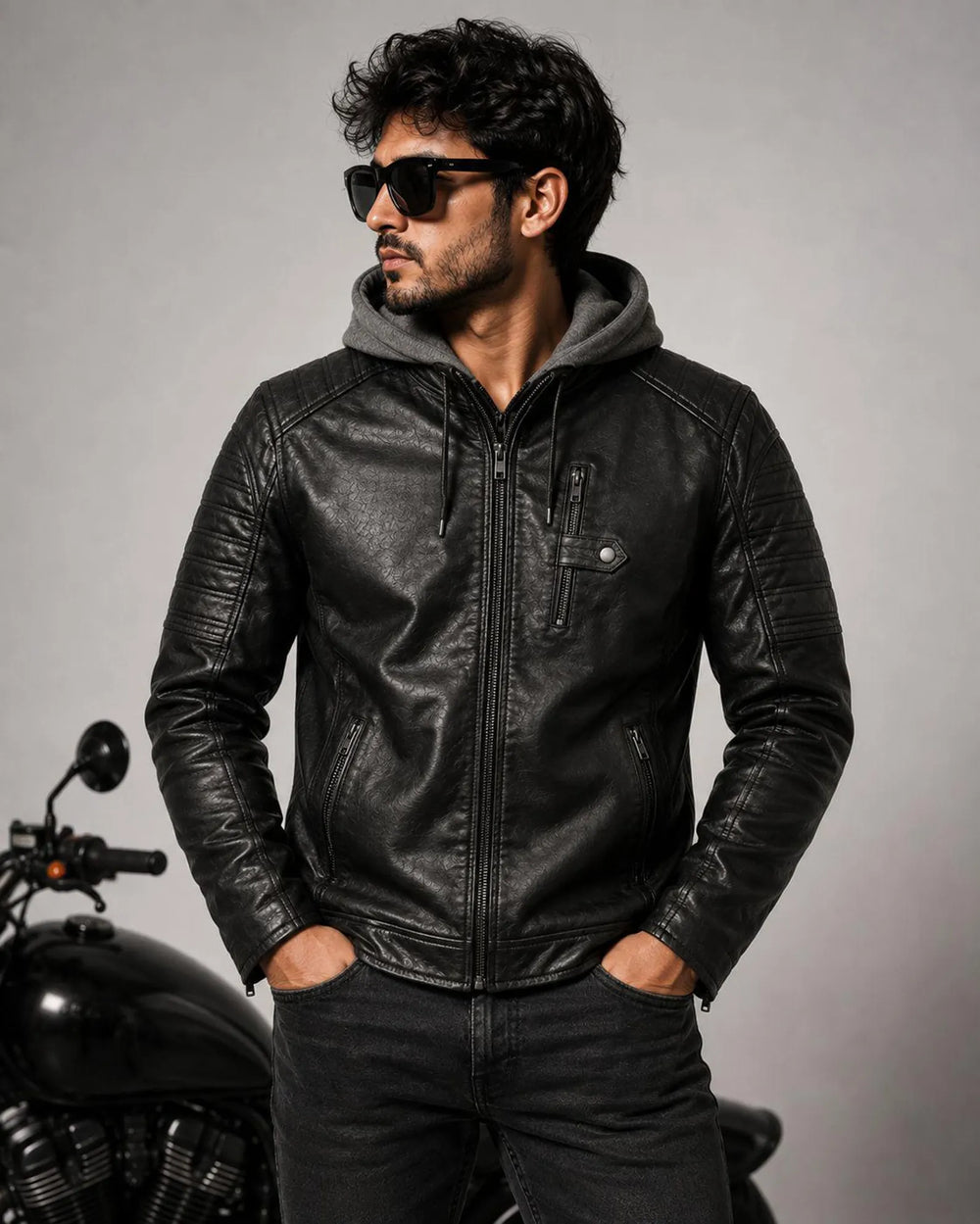Men's Black Leather-Look Hooded Jacket – Biker Style