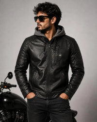 Men's Black Leather-Look Hooded Jacket – Biker Style