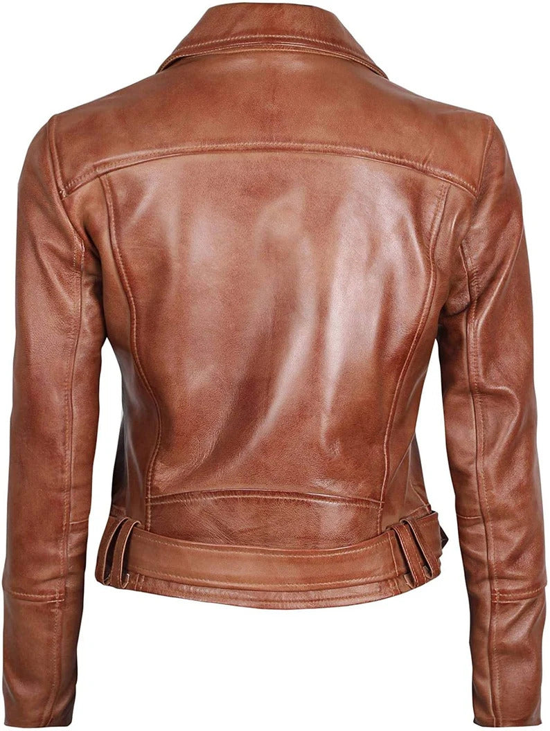 Womens Sevyn Genuine Lambskin Biker Leather Jacket