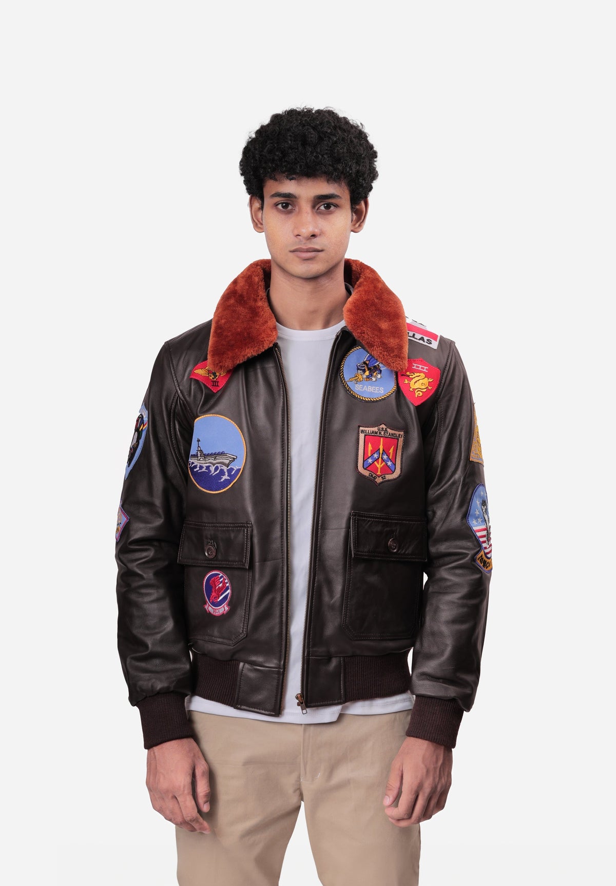 Folsom Brown Aviator Leather Jacket with Patches