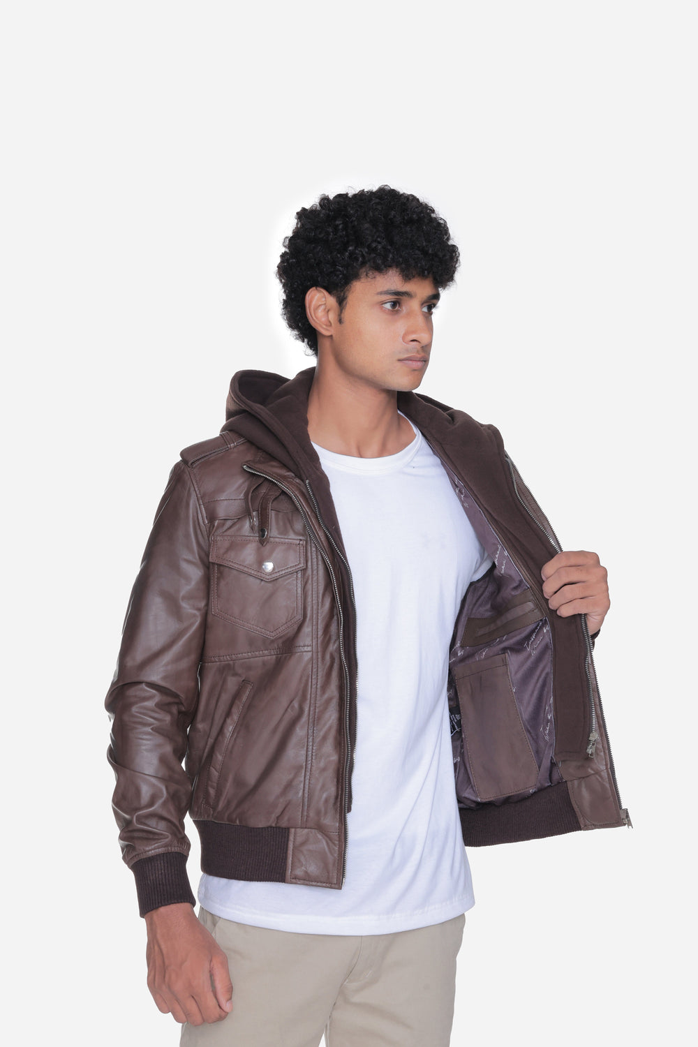 Zoghby Brown Hooded Leather Bomber Jacket