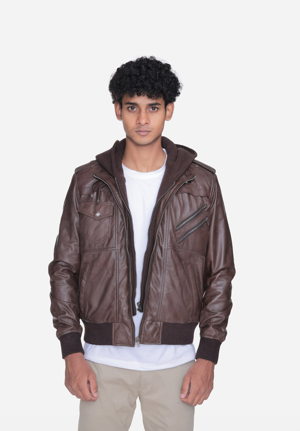 Zoghby Brown Hooded Leather Bomber Jacket