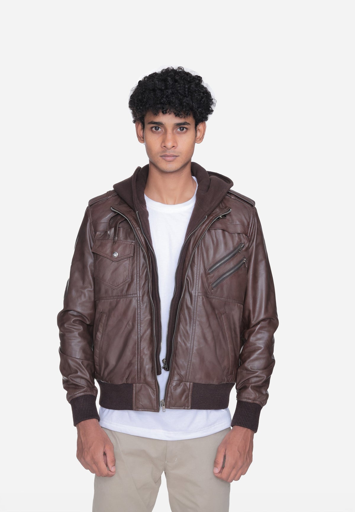 Zoghby Brown Hooded Leather Bomber Jacket