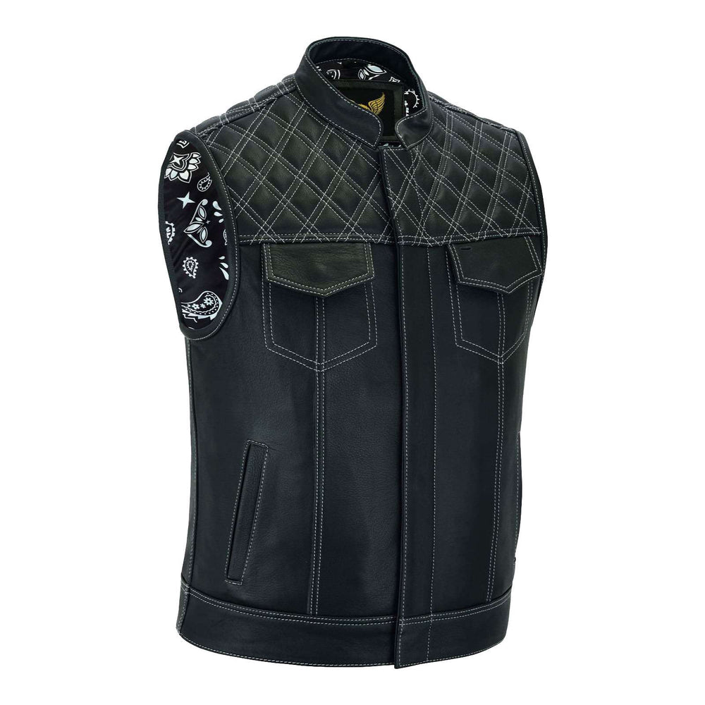 Men’s Denim & Leather Motorcycle Vest with Conceal Carry Pockets and White Stitching