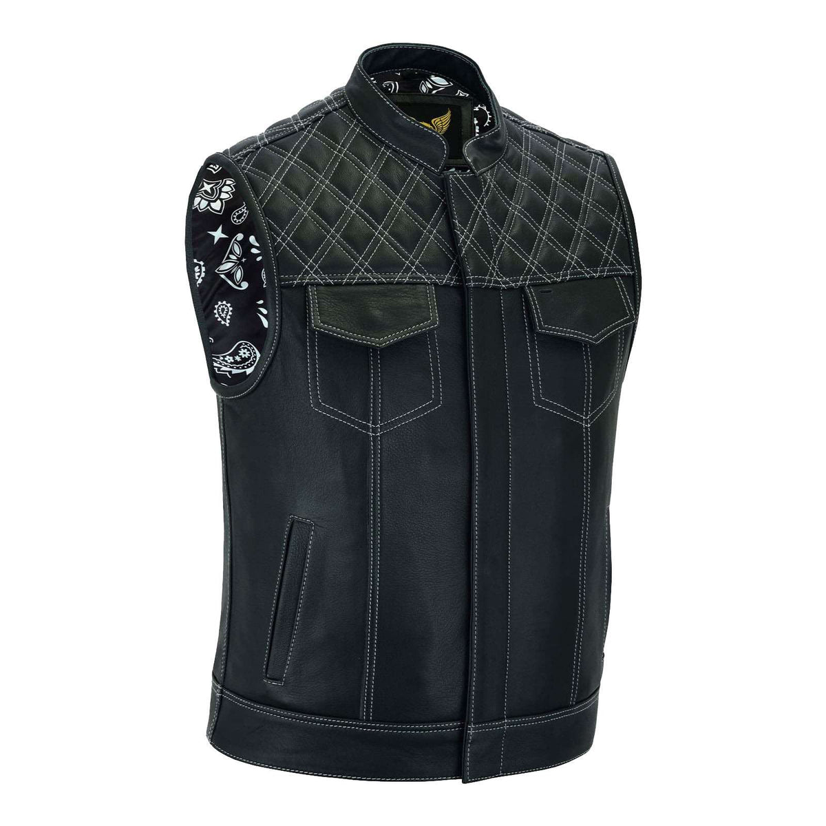 Men’s Denim & Leather Motorcycle Vest with Conceal Carry Pockets and White Stitching