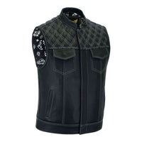 Men’s Denim & Leather Motorcycle Vest with Conceal Carry Pockets and White Stitching